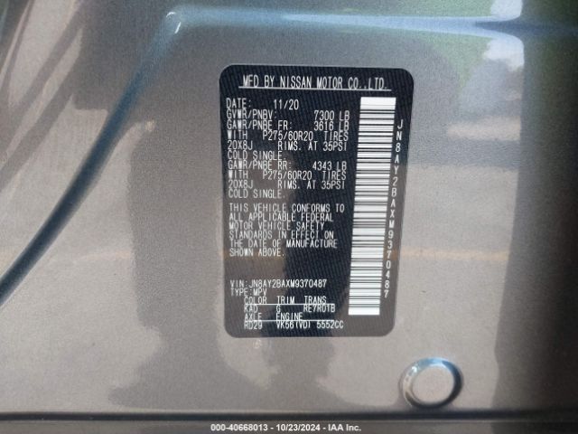 JN8AY2BAXM9370487 Nissan Armada Sl 2wd