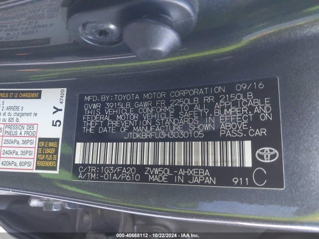 Toyota Prius Two 2017 JTDKBRFU3H3030105 Image 9