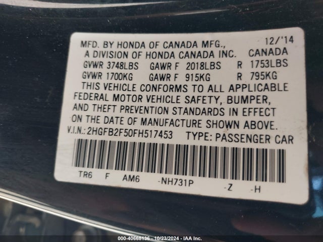 Honda Civic Lx 2015 2HGFB2F50FH517453 Image 9