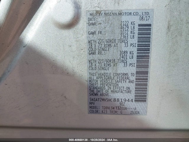 Nissan Rogue Sl 2017 5N1AT2MV5HC881944 Image 9