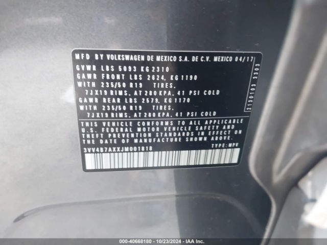 3VV4B7AXXJM001818 Volkswagen Tiguan 2.0t Sel Premium