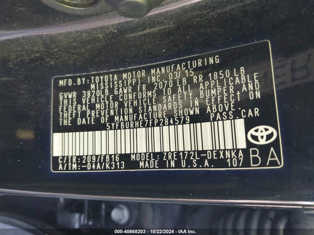 Toyota COROLLA LE 2015 5YFBURHE7FP284579 Image 9