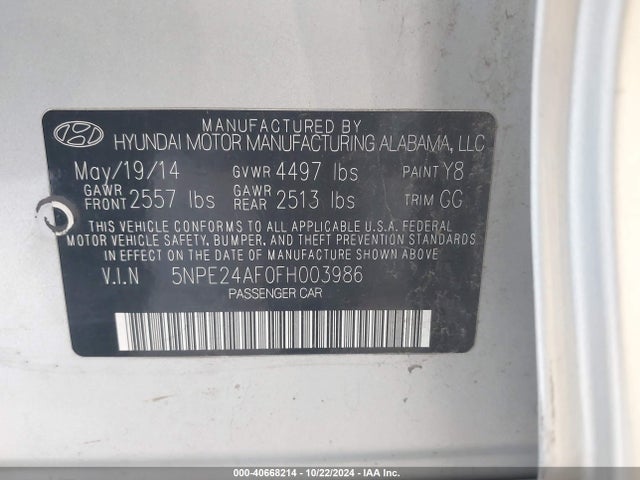 Продажа на аукционе авто 2015 Hyundai Sonata Se, vin: 5NPE24AF0FH003986, номер лота: 40668214