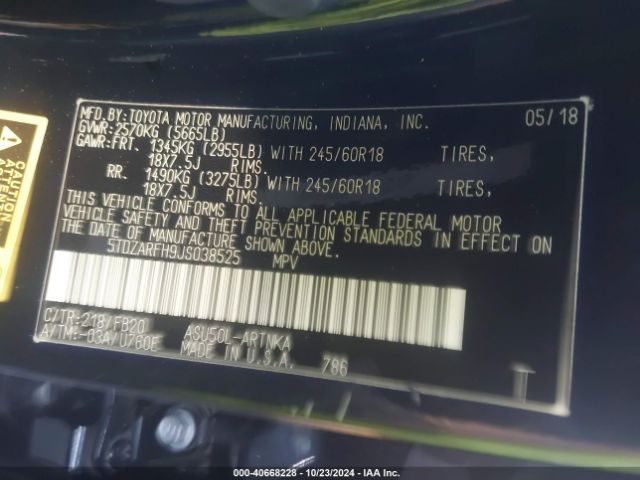 5TDZARFH9JS038525 Toyota Highlander Le