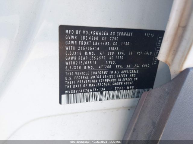 WVGBV7AX7GW554136 Volkswagen TIGUAN S