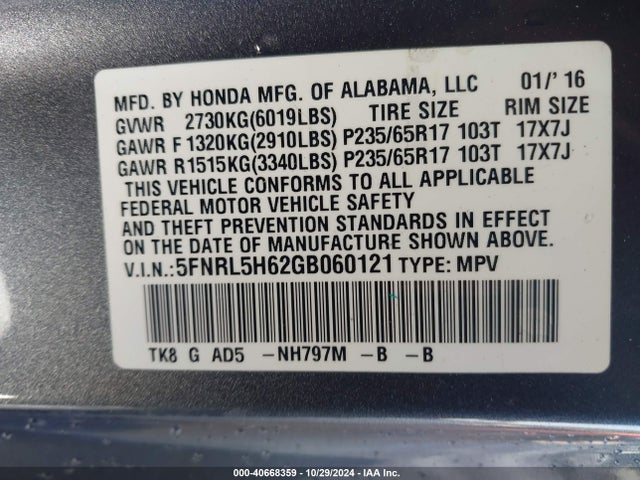 Honda Odyssey Ex-l 2016 5FNRL5H62GB060121 Image 9