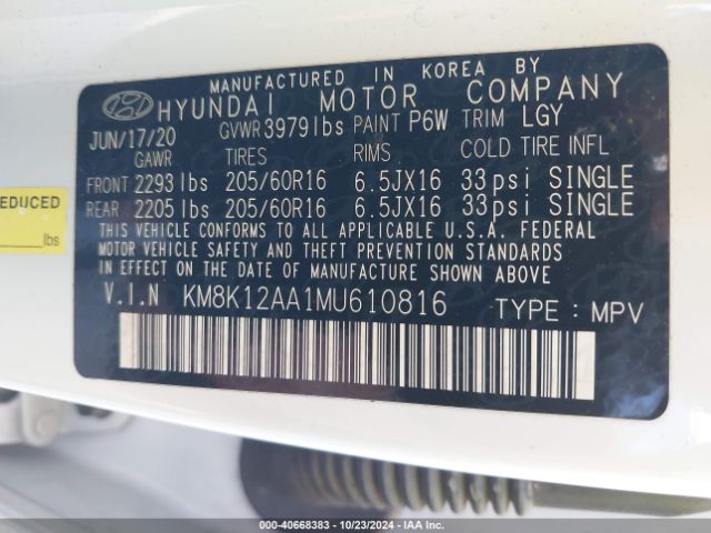 KM8K12AA1MU610816 Hyundai Kona Se