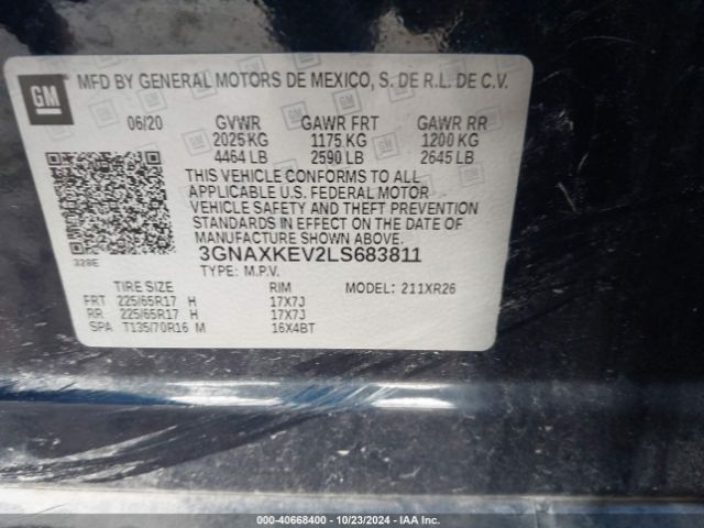 3GNAXKEV2LS683811 Chevrolet Equinox Fwd Lt 1.5l Turbo
