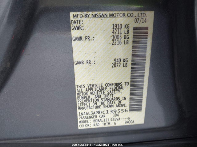 Nissan Altima 2.5 Sv 2015 1N4AL3AP8FC139556 Image 9