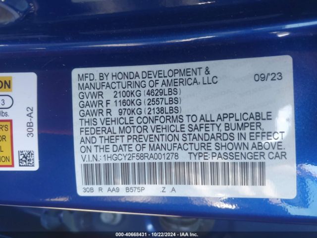 1HGCY2F58RA001278 Honda Accord Hybrid Sport