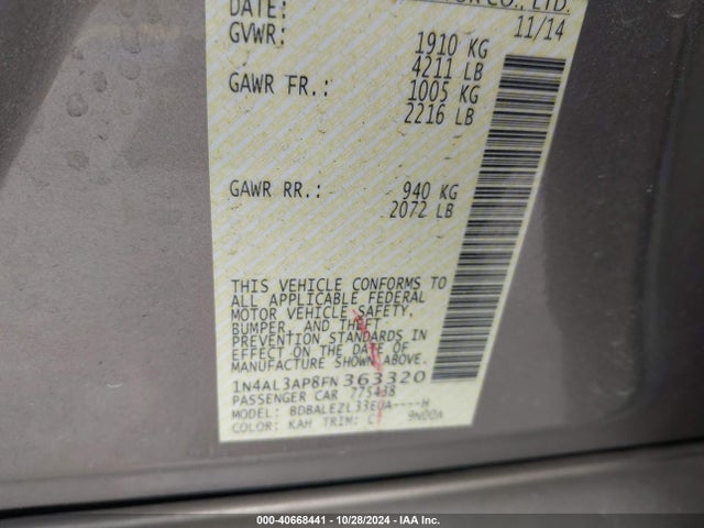Nissan Altima 2.5 S 2015 1N4AL3AP8FN363320 Image 9
