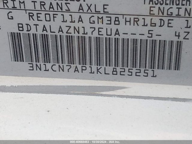 3N1CN7AP1KL825251 Nissan Versa 1.6 S+