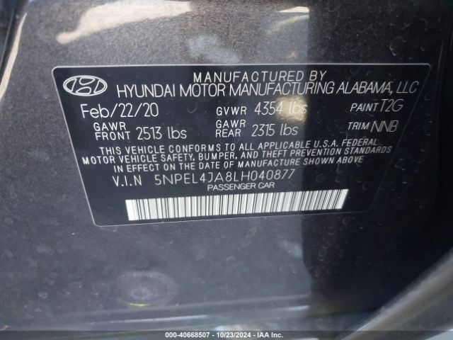 5NPEL4JA8LH040877 Hyundai SONATA SEL