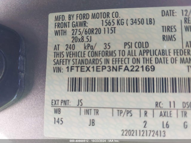 Ford F-150 Xl 2022 1FTEX1EP3NFA22169 Image 9