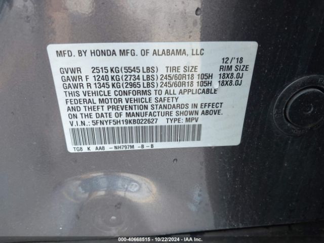 5FNYF5H19KB022627 Honda PILOT LX