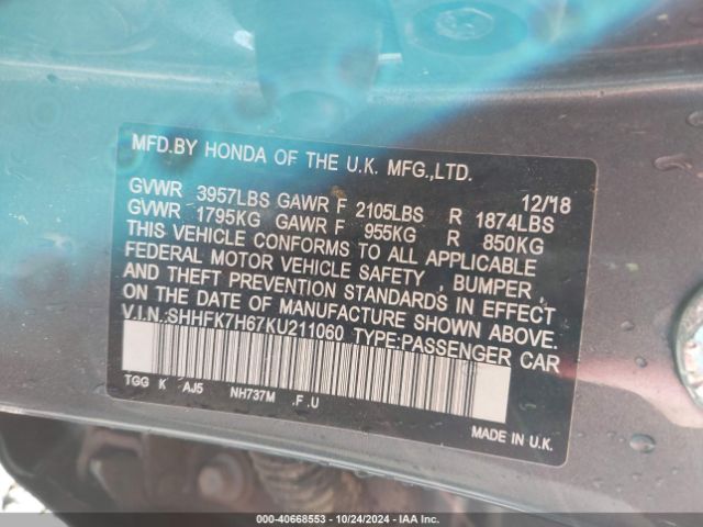 SHHFK7H67KU211060 Honda CIVIC EX