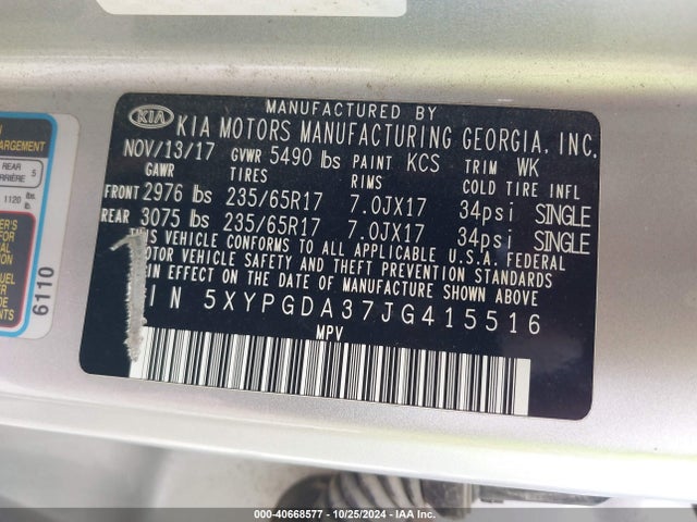 KIA Sorento 2.4l Lx 2018 5XYPGDA37JG415516 Image 9