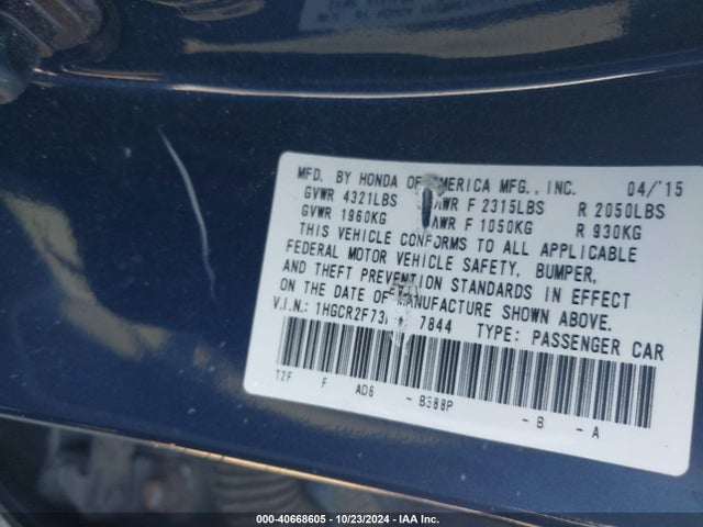Honda ACCORD EX 2015 1HGCR2F73FA177844 Image 9