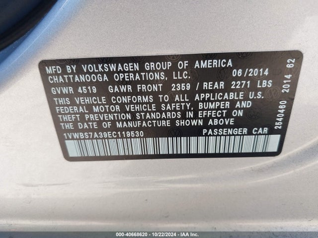 1VWBS7A39EC119530 Volkswagen Passat 1.8t Se