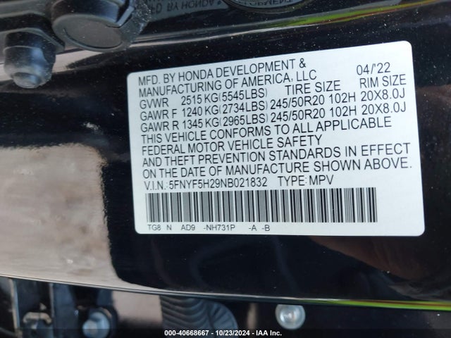 Honda Pilot 2wd Special Edition 2022 5FNYF5H29NB021832 Image 9