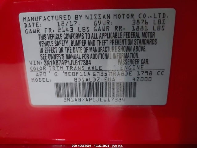 Nissan SENTRA SV 2018 3N1AB7AP1JL617384 Image 9
