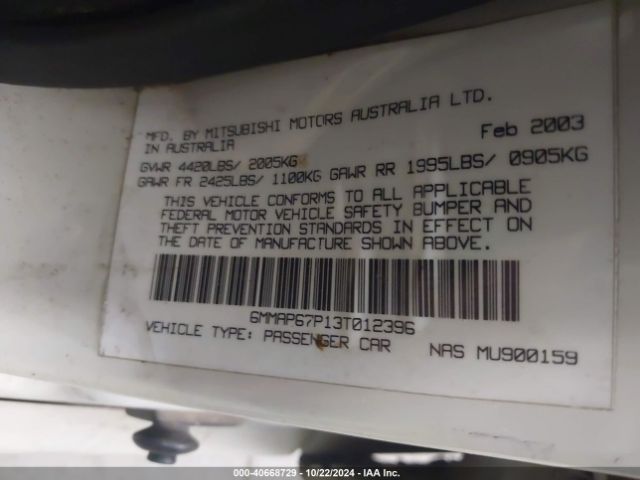 2003 MITSUBISHI DIAMANTE 6MMAP67P13T012396 Photo 8