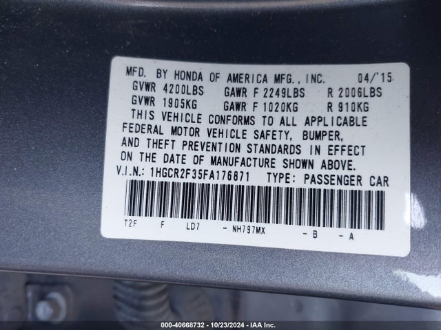 Honda ACCORD LX 2015 1HGCR2F35FA176871 Image 9