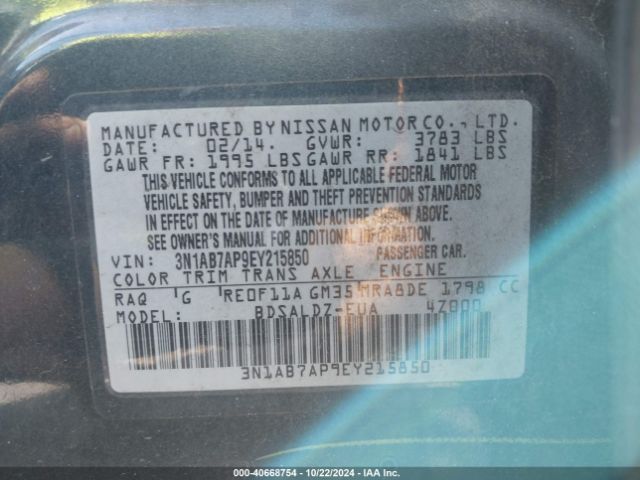 3N1AB7AP9EY215850 Nissan Sentra Fe+ S/fe+ Sv/s/sl/sr/sv