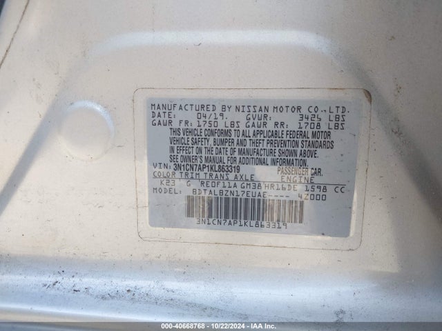 Nissan Versa 1.6 Sv 2019 3N1CN7AP1KL863319 Image 9