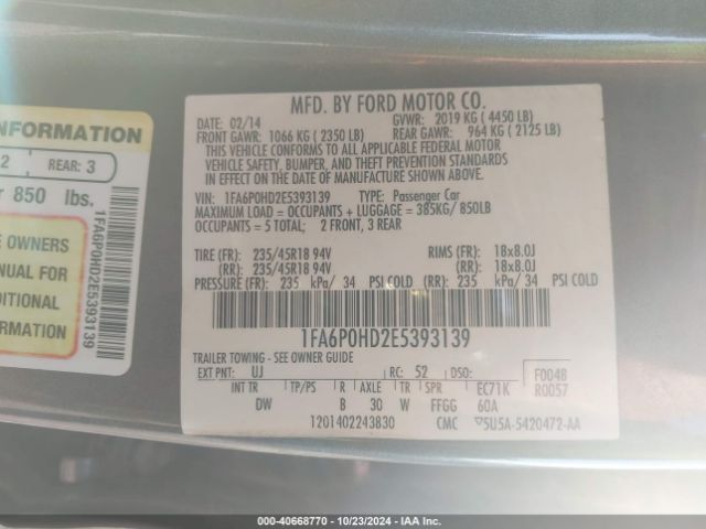 1FA6P0HD2E5393139 Ford FUSION SE