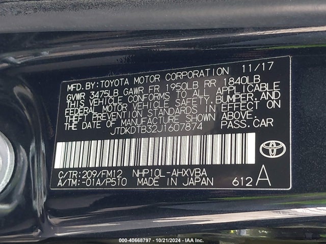 JTDKDTB32J1607874 Toyota Prius C Two