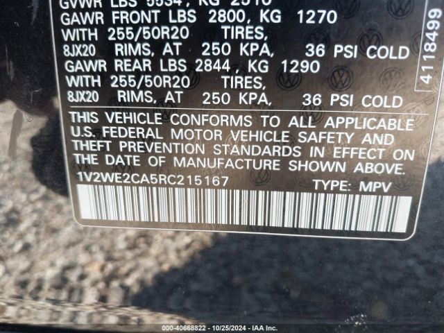1V2WE2CA5RC215167 Volkswagen Atlas Cross Sport 2.0t Se W/technology