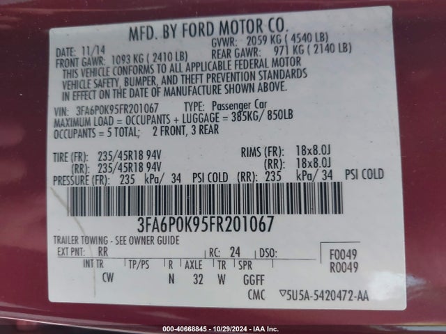 Ford Fusion Titanium 2015 3FA6P0K95FR201067 Image 9