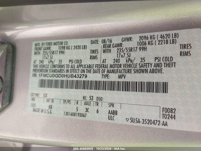 Ford ESCAPE SE 2017 1FMCU0GD0HUB43279 Image 9