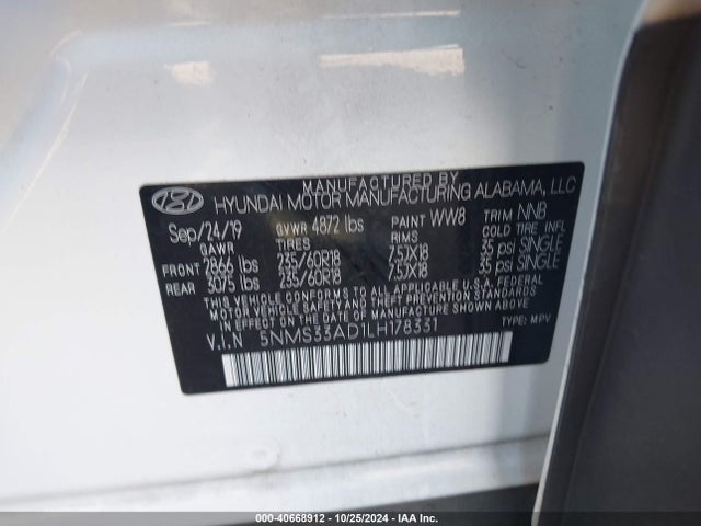 Hyundai Santa Fe Sel 2020 5NMS33AD1LH178331 Image 9