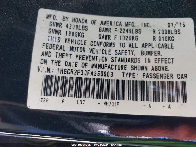 Honda ACCORD LX 2015 1HGCR2F30FA250908 Image 9