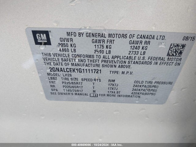 Chevrolet EQUINOX LT 2016 2GNALCEK1G1111721 Image 9