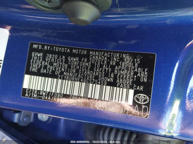 2T1BURHE4GC575459 Toyota Corolla S Plus