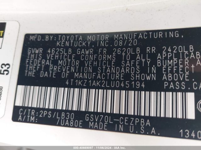 4T1KZ1AK2LU045194 Toyota Camry Xse V6