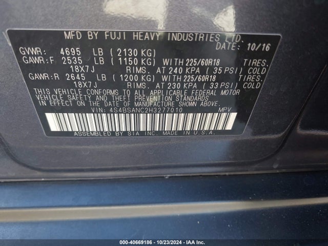 Subaru Outback 2.5i Limited 2017 4S4BSANC2H3277010 Image 9