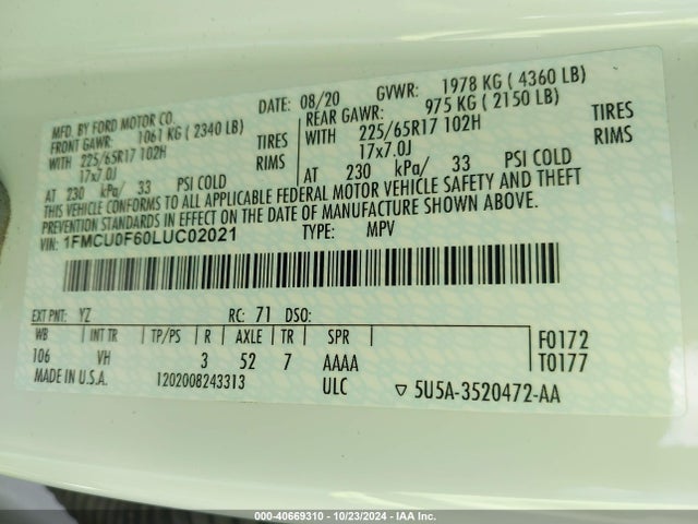 Ford ESCAPE S 2020 1FMCU0F60LUC02021 Image 9