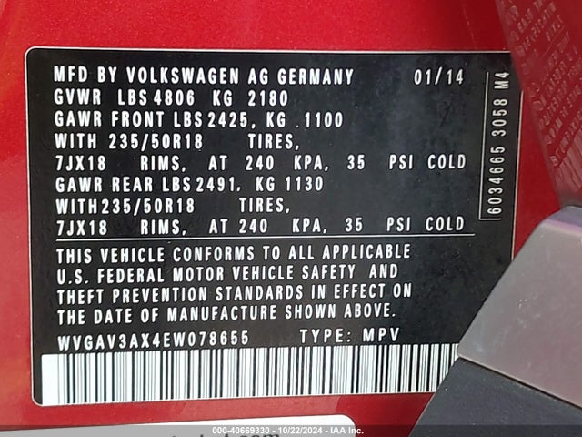 WVGAV3AX4EW078655 Volkswagen Tiguan Sel