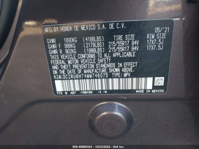 3CZRU6H74MM746075 Honda Hr-v Awd Ex-l