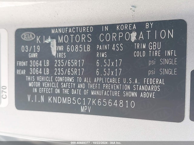 KIA SEDONA LX 2019 KNDMB5C17K6564810 Image 9