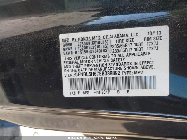 Honda Odyssey Ex-l 2014 5FNRL5H67EB039892 Image 9