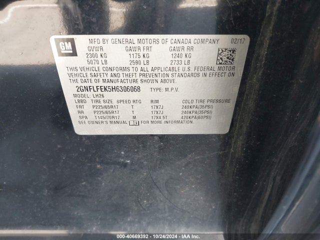 Chevrolet EQUINOX LT 2017 2GNFLFEK5H6306068 Image 9