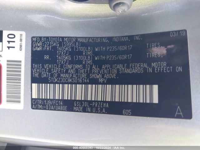 5TDKZ3DC8KS016144 Toyota Sienna Le 8 Passenger