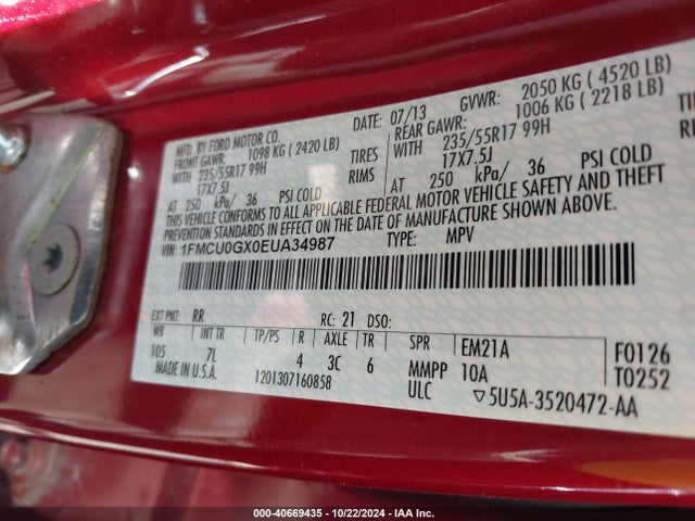 Ford ESCAPE SE 2014 1FMCU0GX0EUA34987 Image 9