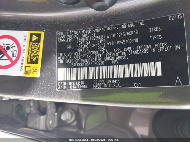 5TDKKRFH6FS070936 Toyota Highlander Xle V6
