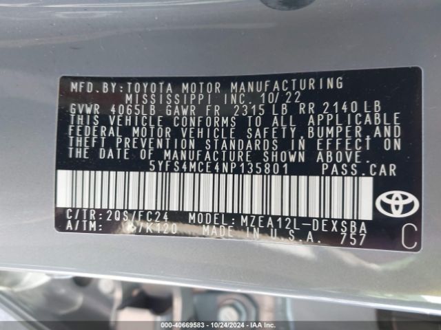5YFS4MCE4NP135801 Toyota Corolla Se Apex Edition